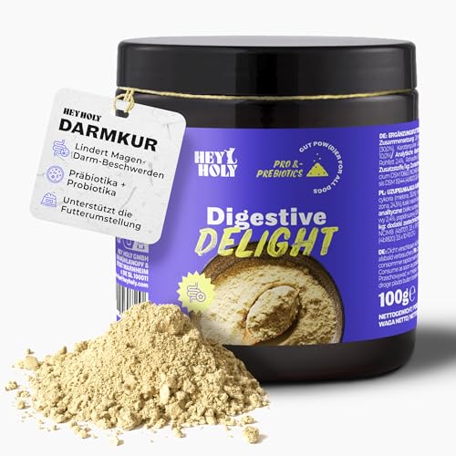 HEY HOLY Premium Digestive Delight | Darmkur für Hunde als Pulver | 100g Probiotika und Präbiotika für die Magen Darmflora & Verdauung des Hundes | Hochverträglich aus natürlichen Zutaten von HEY HOLY