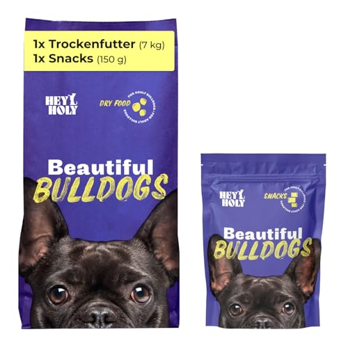 HEY HOLY Set 7 kg Premium Trockenfutter & 1 x 150 g Snacks für Bulldoggen 100% getreidefrei | Hundefutter & Leckerlis für ausgewachsene Bulldoggen mit Lachs | Hochverträglich aus natürlichen Zutaten von HEY HOLY