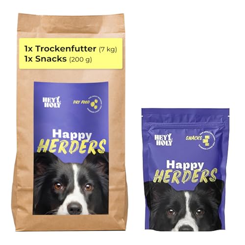 HEY HOLY Set 7 kg Premium Trockenfutter & 1 x 200 g Snacks für Hütehunde 100% getreidefrei | Hundefutter & Leckerlis für ausgewachsene Hütehunde mit Huhn | Hochverträglich aus natürlichen Zutaten von HEY HOLY