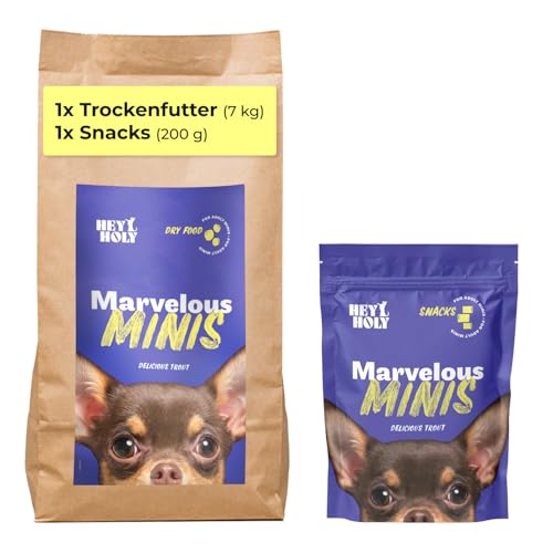 HEY HOLY Set 7 kg Premium Trockenfutter & 1 x 200 g Snacks für Minis 100% getreidefrei | Hundefutter & Leckerlis für ausgewachsene Minis mit Forelle | Hochverträglich aus natürlichen Zutaten von HEY HOLY