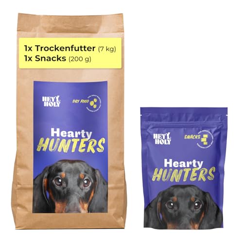 HEY HOLY Set 7 kg Premium Trockenfutter & 1 x 200 g Snacks für kleine Jagdhunde 100% getreidefrei | Hundefutter & Leckerlis für ausgewachsene Hunde mit Rind | Hochverträglich aus natürlichen Zutaten von HEY HOLY