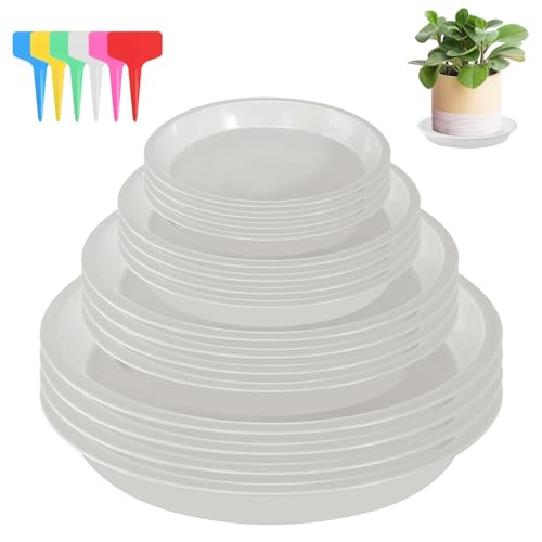 16 Stück Blumentopf Untersetzer Plastik Pflanzen Untersetzer Blumentopf Blumenuntersetzer Rund mit 18 Stück Etikett Pflanzenuntersetzer Rund Blumen Untersetzer für Innen und Außenpflanzen (Weiß) von HFDONGL