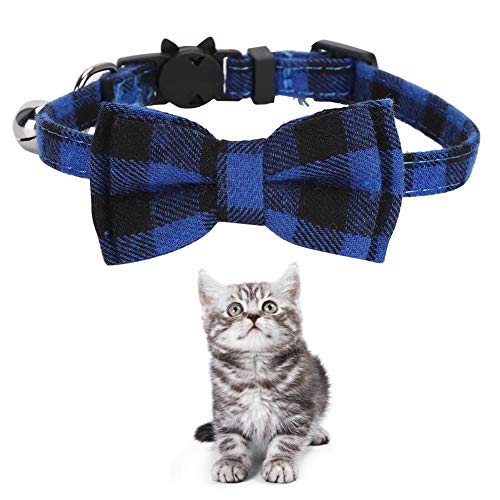 Niedliche Katzen-Bowknot-Halsbänder, Karierte Krawatte, Weiche Stoff-Fliege mit Glöckchen, Verstellbare Haustierhalsbänder, Haustier-Dekorationszubehör(Blaues Gitter) von HFEHSKJ