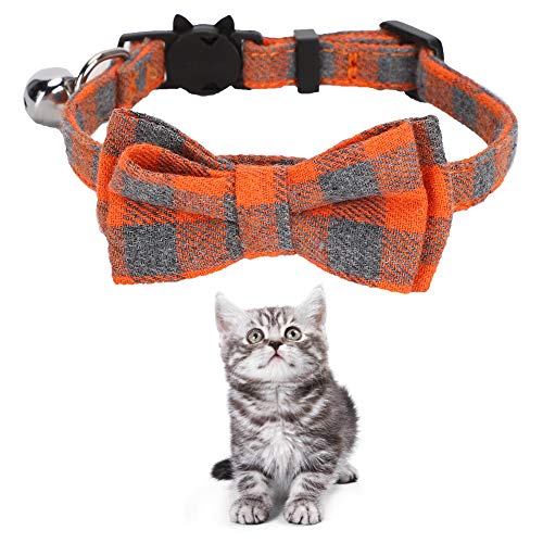 Niedliche Katzen-Bowknot-Halsbänder, Karierte Krawatte, Weiche Stoff-Fliege mit Glöckchen, Verstellbare Haustierhalsbänder, Haustier-Dekorationszubehör(orange kariert) von HFEHSKJ