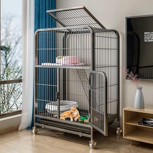 2 Tier -Metall -Katzenkäfig, Kistenschalenzwinger, Innenkäfig im Freien mit Rädern, schwarzer Käfig für Pet -Katzen Frettchen Chinchillas (Größe: 85x78x55 cm) FANDIAO von HFERTSCN