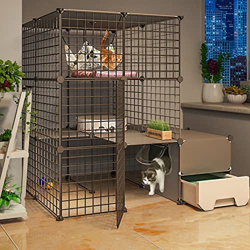 Katzenkäfig-Haustier-Spielstall, Katzenkäfigkäfigkatze Cat-Gehäuse Katzen Catediy Cat Playpen Drahtzaun mit Tür großer Übungsstelle ideal für 1-3 Katze (Farbe: Schwarz, Größe: 111 * 95 * 109 cm-a) von HFERTSCN