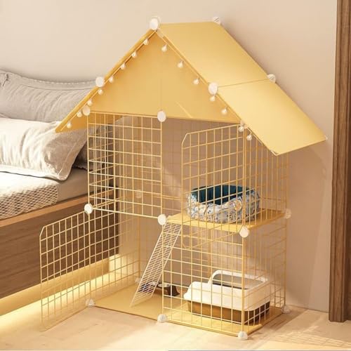 Katzenkäfig mit Traufe, Katzenzaun, Draht, Zwingerkiste, Kleiner Tierkäfig, perfekt für 1-2 Katzen, gelbe Katzenkäfig (Größe: 75x39x110 cm) FANDIAO von HFERTSCN