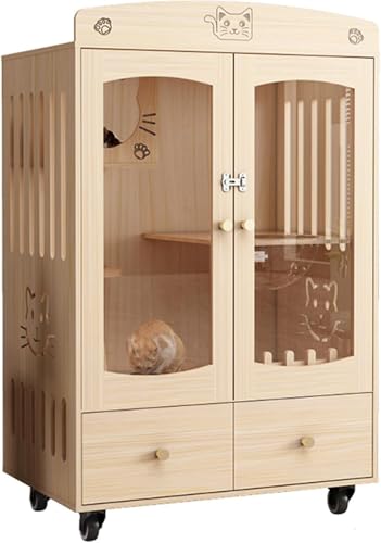 Katzenkäfige Innenräume, Katze Kennel im Freien Katzenkäfig Holz große Katzenvilla mit Rädern, Multi-Feature-geschlossene Katzenhäuser für Innenkatzen Lüftungstüren (Farbe: Kiefer, Größe: 120 * 60 * von HFERTSCN