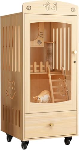 Katzenkäfige Innenräume, Katze Kennel im Freien Katzenkäfig Holz große Katzenvilla mit Rädern, Multi-Feature-geschlossene Katzenhäuser für Innenkatzen Lüftungstüren (Farbe: Kiefer, Größe: 90 * 60 * von HFERTSCN