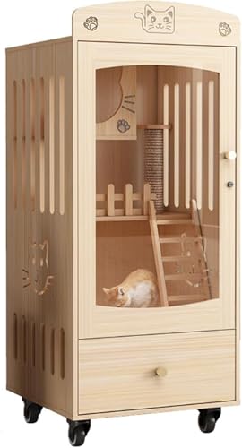 Katzenkäfige Innenräume, Katze Kennel im Freien Katzenkäfig Holz große Katzenvilla mit Rädern, Multi-Feature-geschlossene Katzenhäuser für Innenkatzen Lüftungstüren (Farbe: Kiefer, Größe: 60 * 60 * von HFERTSCN