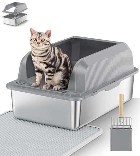 Edelstahl Katzenklo Halb-Offen, Geruchsfreie Katzentoilette 28L Große Kapazität für Große Katzen, Leicht zu Reinigen Metall Katzen Klo mit Metall Schaufel and Anti-Streu-Matte, 60x40x30cm Edelstahl Katzenklo Halb-Offen, Geruchsfreie Katzentoilette 28L Große Kapazität für Große Katzen, Leicht zu Reinigen Metall Katzen Klo mit Metall Schaufel and Anti-Streu-Matte, 60x40x30cm von HFHOME