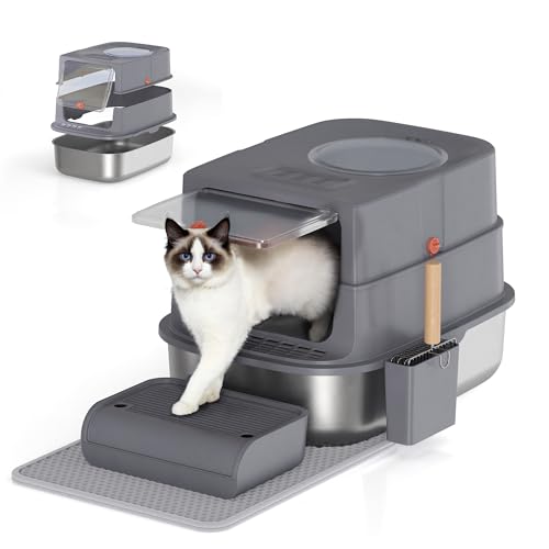 Edelstahl Katzenklo mit Deckel, Geruchsfreie Geschlossene Katzentoilette für Große Katzen, Leicht zu Reinigen Abnehmbares Metall Katzen Klo mit Metall Schaufel, Sieb-Trittbrett und Anti-Streu-Matte von HFHOME
