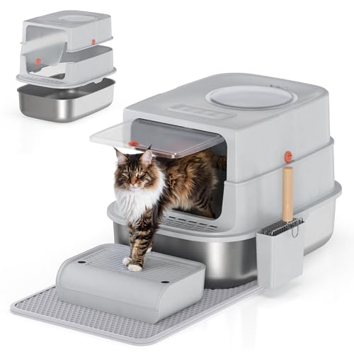 Geschlossenes Edelstahl Katzenklo mit Deckel, Geruchsfreie Katzentoilette Metall für Große Katzen, Leicht zu Reinigen Abnehmbares Metall Katzen Klo mit Metall Schaufel, Sieb-Trittbrett und Katzenmatte von HFHOME