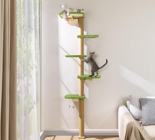 Kratzbaum Wandmontage Hoch 210cm, Katzen Baum Wand Kratzsäule 5 Etagen aus Natürliches Holz mit Weichem Grünem Plüschstoff, Katzenwand für Katzen zum Klettern, Kratzen und Spielen Kratzbaum Wandmontage Hoch 210cm, Katzen Baum Wand Kratzsäule 5 Etagen aus Natürliches Holz mit Weichem Grünem Plüschstoff, Katzenwand für Katzen zum Klettern, Kratzen und Spielen von HFHOME
