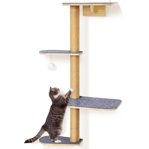 Kratzbaum 125cm Kletterwand Katzen, Wandmontierter Katzenkratzbaum 4 Stöckig aus Natürliches Holz mit Grauem Robustem Filzstoff, Wandkratzbaum für Katzen zum Klettern, Kratzen und Spielen von HFHOME
