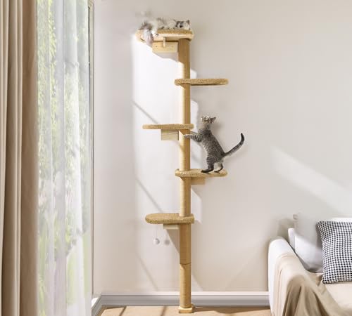 Wandmontierter Kratzenbaum Hoch 210cm, Katzenkratzbaum Wand 5 Etagen aus Natürliches Holz mit Sanftem Braunem Plüschstoff, Kratzbaum für Katzen zum Klettern, Kratzen und Spielen von HFHOME