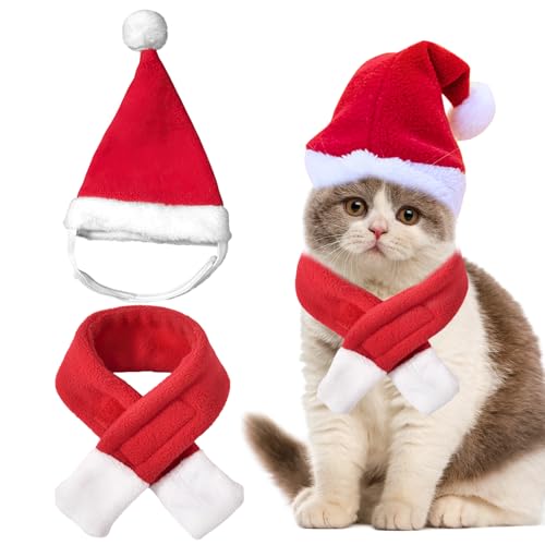 Katzen Weihnachtsmütze Und Schal - Deko Weihnachts Outfit, Kleidung Für Klein Katze, Weihnachtsmann-Mütze, Weihnachtskostüm, Katzenbekleidung von HFMYGS
