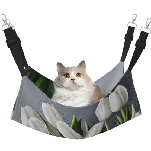 Hängematte, Motiv: weiße Tulpen und Blumen, mit verstellbaren Gurten und Metallhaken, doppelseitiges Bett von HGFVY