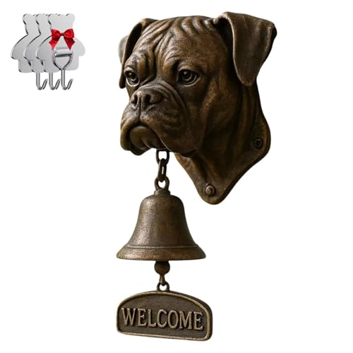Boxer Dog Willkommensglocke, Retro, lustige Tier-Willkommens-Türklingel, Wandmontage, dekorative Gusseisen/Harz-Hänglocke, Bauernhaus-Wanddekoration & Einweihungsgeschenk (mit 3 Klebehaken) von HGMMFZ