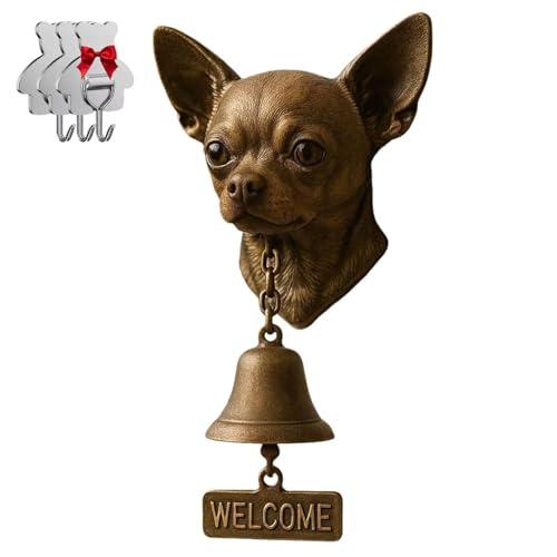 Chihuahua-Willkommensglocke, Retro, lustige Tier-Willkommens-Türklingel, Wandmontage, dekorative Gusseisen/Harz-Hänglocke, Bauernhaus-Wanddekoration und Einweihungsgeschenk (mit 3 Klebehaken) von HGMMFZ