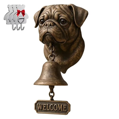 Mops-Willkommensglocke, Retro, lustige Tier-Willkommens-Türklingel, Wandmontage, dekorative Glocke aus Gusseisen/Harz, Bauernhaus-Wanddekoration und Einweihungsgeschenk (mit 3 klebrigen Haken) von HGMMFZ
