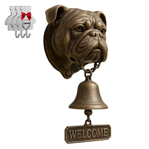 Willkommensglocke mit englischer Bulldogge, Retro, lustige Tier-Willkommens-Türklingel, Wandmontage, dekorative Gusseisen/Harz-Hänglocke, Bauernhaus-Wanddekoration und Einweihungsgeschenk (mit 3 von HGMMFZ