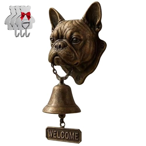 Willkommensglocke mit französischer Bulldogge, Retro, lustige Tier-Willkommens-Türklingel, Wandmontage, dekorative Gusseisen/Harz-Hänglocke, Bauernhaus-Wanddekoration und Einweihungsgeschenk (mit 3 von HGMMFZ