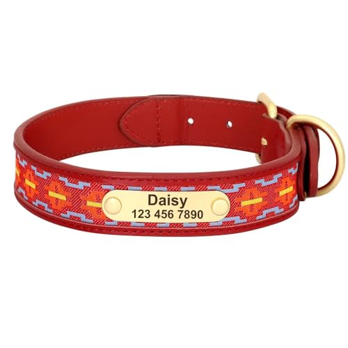 Tribal Personalisierte Hundehalsbänder aus Leder, Ethno-Stickerei, handgefertigte Haustierhalsbänder, ID-Tag for kleine, mittelgroße und große Hunde, Mops(2,M) von HGYNBCP
