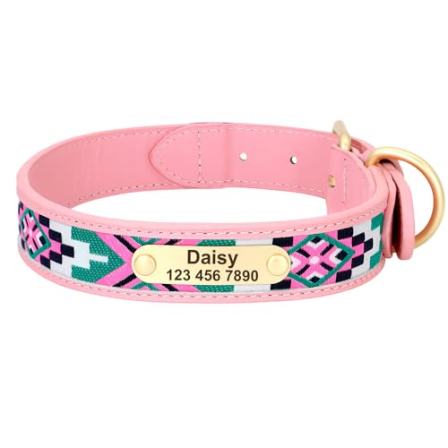 Tribal Personalisierte Hundehalsbänder aus Leder, Ethno-Stickerei, handgefertigte Haustierhalsbänder, ID-Tag for kleine, mittelgroße und große Hunde, Mops(3,S) von HGYNBCP