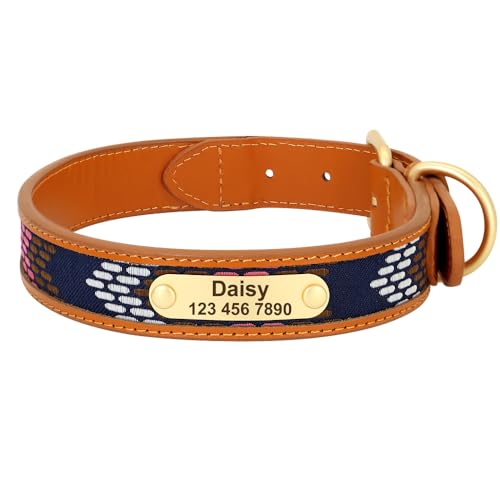 Tribal Personalisierte Hundehalsbänder aus Leder, Ethno-Stickerei, handgefertigte Haustierhalsbänder, ID-Tag for kleine, mittelgroße und große Hunde, Mops(5,S) von HGYNBCP