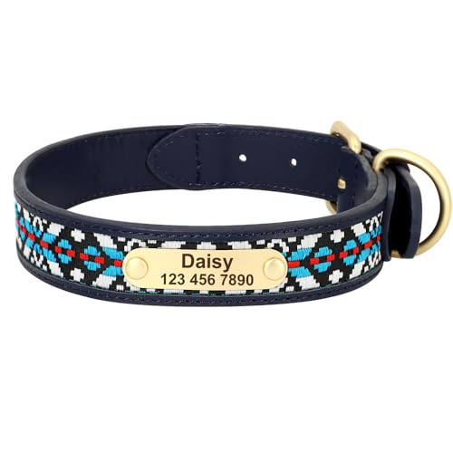 Tribal Personalisierte Hundehalsbänder aus Leder, Ethno-Stickerei, handgefertigte Haustierhalsbänder, ID-Tag for kleine, mittelgroße und große Hunde, Mops breites hundehalsband(4,S) von HGYNBCP