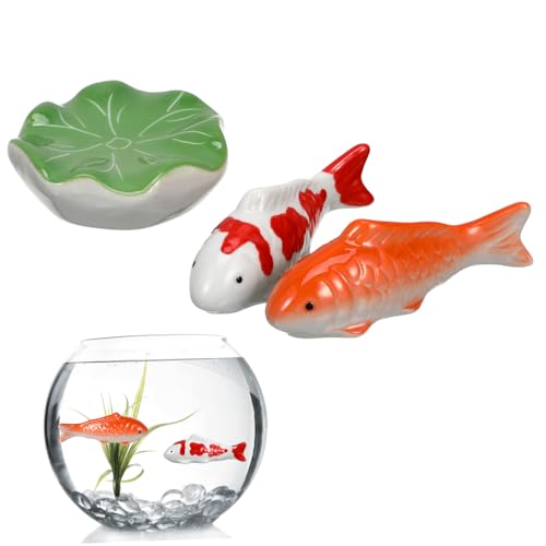 HIAKDOFT 3 Stück Schwimmende Keramik Fischfigur mit Lotusblatt Aquarium Dekorationen Naturnahe Langlebige Fische für Teich Aquarien deko Geschenkidee von HIAKDOFT