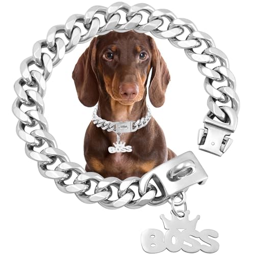 Hundehalsband aus massivem Stahl mit Schnalle, 15 mm breit, Metall, Edelstahl, kaufest, kubanische Gliederketten, Spaziergangstraining, Halsbänder für kleine, mittelgroße Hunde (55,9 cm) von HIAOCEEY