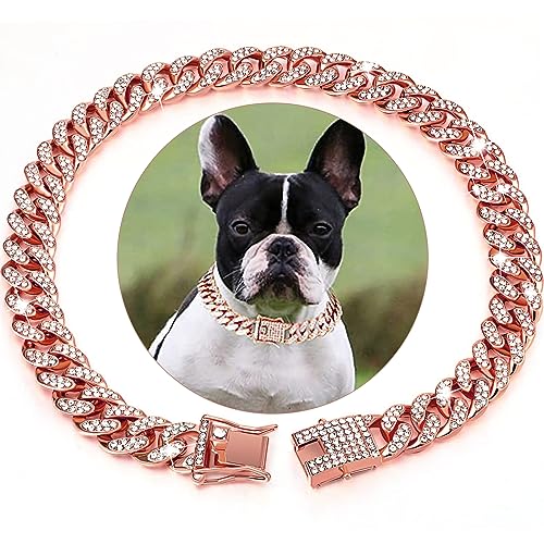 Rosegold Hundekette Diamant Kubanische Halsbänder Walking Rosegold Metallkette Halsband mit Design Sichere Schnalle, Haustier Kubanischer Kristall Schmuck Halsband Halskette Zubehör für Hunde Katzen von HIAOCEEY