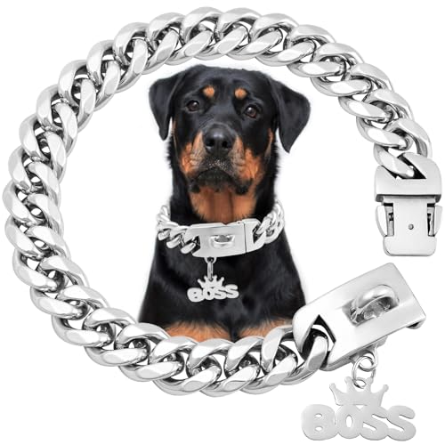 Solides kubanisches Glieder-Hundehalsband, 19 mm breit, kaufest, Edelstahl-Halskette mit solider Schnalle, Trainingshalsband für kleine, mittelgroße und große Hunde (61 cm) von HIAOCEEY