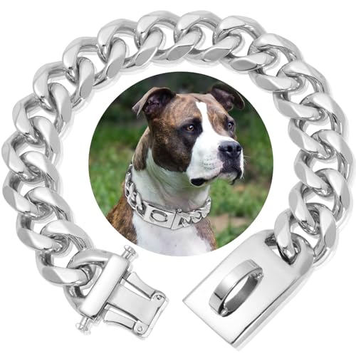 Strapazierfähiges silberfarbenes Hundehalsband, Edelstahl, Metallketten, Halsbänder, 19 mm breit, kubanische Glieder, stark, kaufest, für mittelgroße und große Hunde (35 cm, Silber) von HIAOCEEY