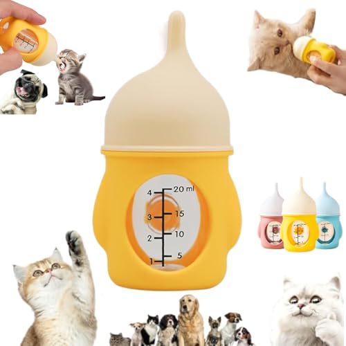 Leak-Proof Squeezable Kitten Bottle, Kitten Bottles for Nursing, Puppy Bottles for Nursing, Reusable Pet Feeding Puppy Bottle, Silicone Kitten Bottle Feedings Kit, for Newborn Kittens (Yellow, 20 ML) von HIDRUO