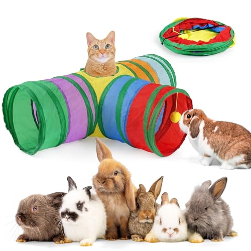 hiimalex 3-Wege-Regenbogen-Hasentunnel, Röhren mit Guckloch und hängendem Ball, Spielzeug, zusammenklappbar, langlebig, Kaninchenversteck für den Innenbereich, Kaninchen, Meerschweinchen, Frettchen, von HIIMALEX