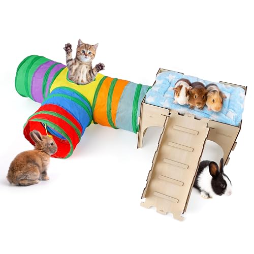hiimalex 【3 in 1 Geschenk für Hase】 Kaninchen Holzschloss mit Rampe, Plüschbett und Kollasiple Tunnel für Indoor Kaninchen Meerschweinchen Hamster Chinchilla Rennmaus Igel zum Spielen Verstecken und hiimalex 【3 in 1 Geschenk für Hase】 Kaninchen Holzschloss mit Rampe, Plüschbett und Kollasiple Tunnel für Indoor Kaninchen Meerschweinchen Hamster Chinchilla Rennmaus Igel zum Spielen Verstecken und von HIIMALEX
