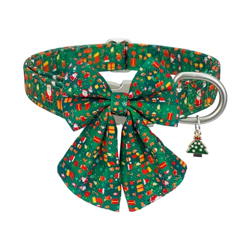 HIIXHC Weihnachts-Hundehalsband mit Fliege, weich, verstellbar, Haustierhalsbänder mit sicherer Metallschnalle, Grün, Weihnachtsmann, Schneemann, Halsband für kleine, mittelgroße und große Hunde, M von HIIXHC