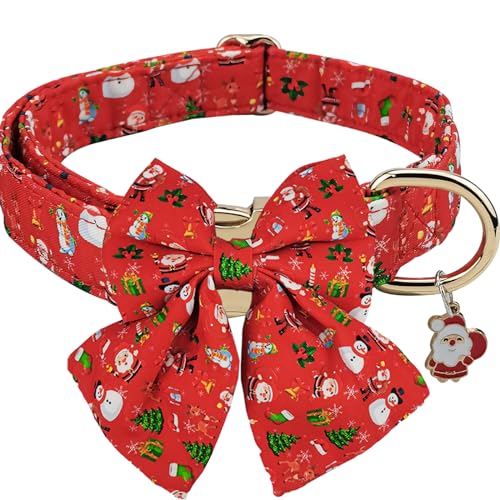 HIIXHC Weihnachts-Hundehalsband mit Fliege, weich, verstellbar, Haustierhalsbänder mit sicherer Metallschnalle, Weihnachtsmann, Weihnachtsbäume, Halsband für kleine, mittelgroße und große Hunde, S von HIIXHC