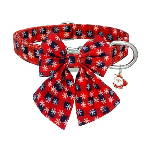 HIIXHC Weihnachts-Hundehalsband mit Fliege, weich, verstellbar, mit sicherer Metallschnalle, rot kariert, Weihnachts-Schneeflocken-Halsband für kleine, mittelgroße und große Hunde, S von HIIXHC