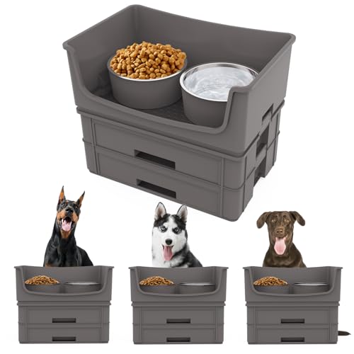 HIKINGO Hundenapfständer, kein Durcheinander, Futter- und Wassernapf, Hundefutterstation mit 2 Edelstahlnäpfen, 1,25 l, auslaufsicherer Futternapf für mittelgroße und große Hunde von HIKINGO