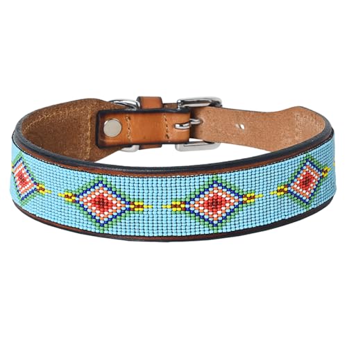 HILASON Hundehalsband, Western-Stil, handgefertigt, aus echtem Leder mit eingelegten Perlen, 55,9 cm, Braun / Türkis von HILASON