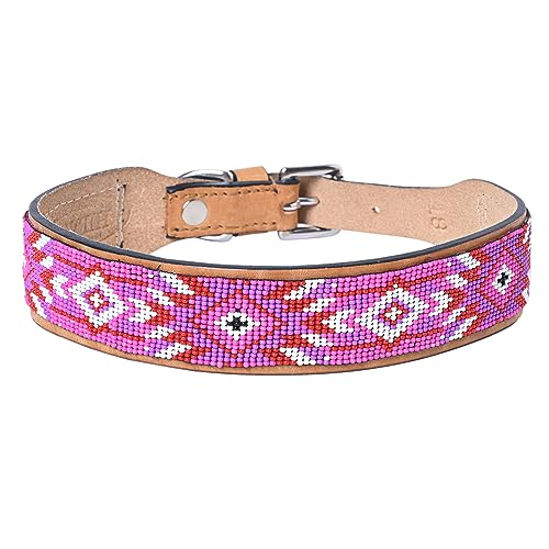 HILASON Hundehalsband aus amerikanischem Leder, Western-Stil, strapazierfähig, mit Perlen, 61 cm, Hellbraun/Pink von HILASON