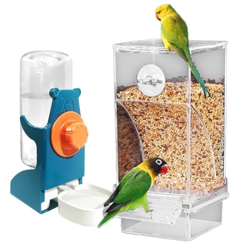 2 x Vogelfutterstation und Tränke mit abnehmbarer Schublade, transparent, für Sittiche, Lovebirds Finken, große Kapazität, Leckerli-Spender von HINAYOSAN