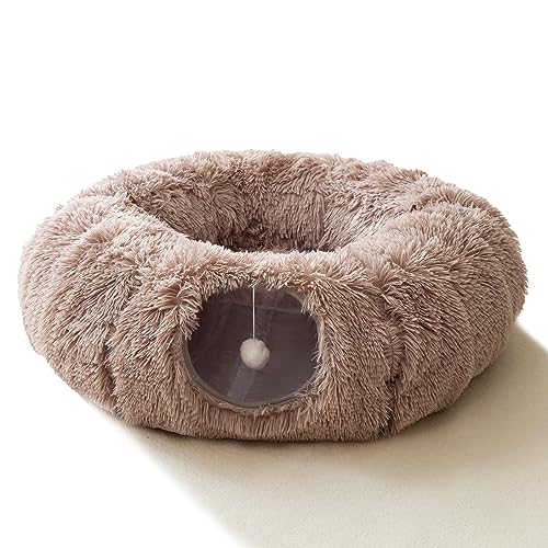 HIPIPET Winter Plüsch Katzentunnel mit Bett für kleine mittelgroße große Katzen, Multifunktionales Katzenspielzeug (Hellbraun) von HIPIPET