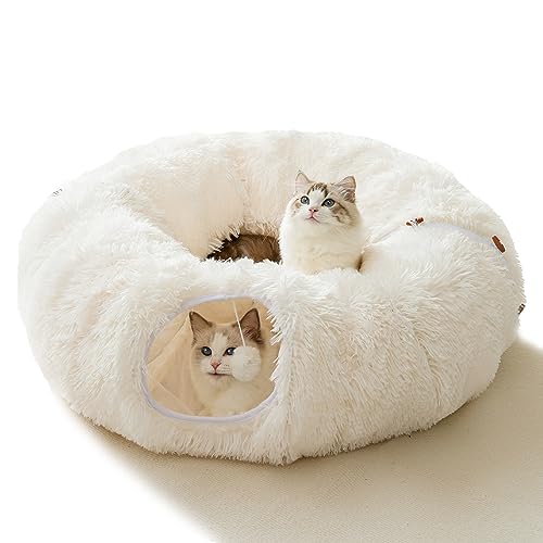 HIPIPET Winter-Plüsch-Katzentunnel mit Katzenbett für Indoor-Katzen, multifunktionales Katzenspielzeug für kleine, mittelgroße und große Katzen. (weiß) von HIPIPET