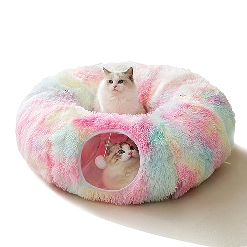 HIPIPET Winter-Plüsch-Katzentunnel mit Katzenbett für Wohnungskatzen, multifunktionales Katzenspielzeug für kleine, mittelgroße und große Katzen. (Regenbogen) von HIPIPET