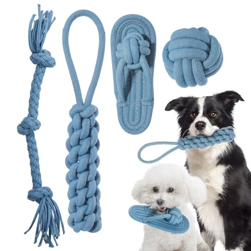 HIPYPLAS Hundeseilspielzeug, Aggressives Kauspielzeug für Hunde, Tauziehen, Hundespielzeug für Welpen, Zahnreinigung, Denim-Tuch, Baumwollseil, mittelgroße und große Hundespielzeuge, Hundegeschenke, 4 von HIPYPLAS